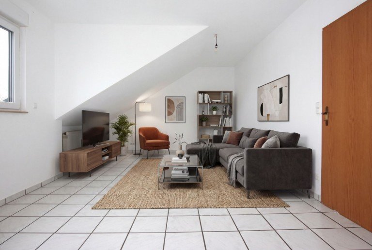 Wohnzimmer/ Originalraum digital m�bliert Weiterstadt Dachgeschosswohnung Gem�tliche 3-Zimmer-Dachgeschosswohnung
